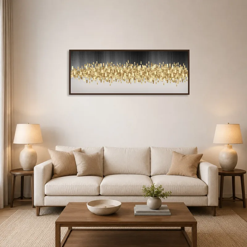 Golden abstract skyline panorama displayed above a modern sofa in a spacious living room.