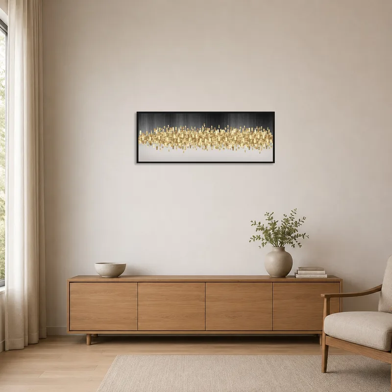 Golden skyline artwork enhances a stark minimalist room with clean lines.