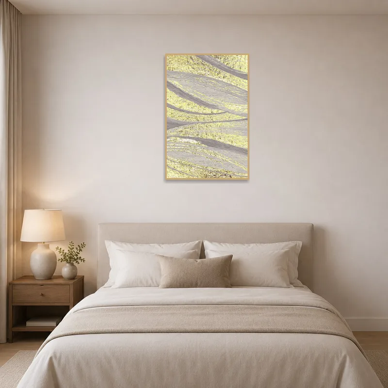 Abstract golden waves art creating serenity in a sophisticated bedroom.