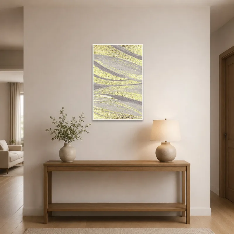 Golden abstract waves art welcoming guests in entrance hall.