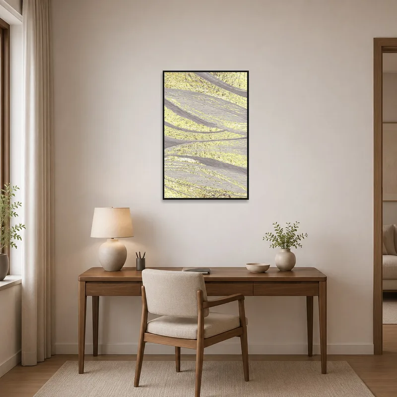 Golden textured waves art inspiring creativity in a home office.