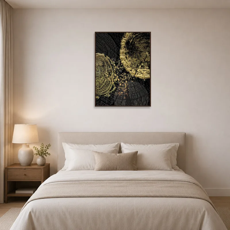 Golden Abstract Tree Rings Art Print creating a serene atmosphere in a bedroom.