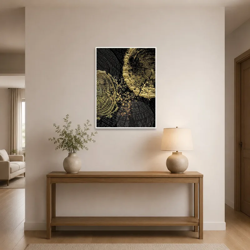 Golden Abstract Tree Rings Art Print greeting guests in a stylish entrance hall.