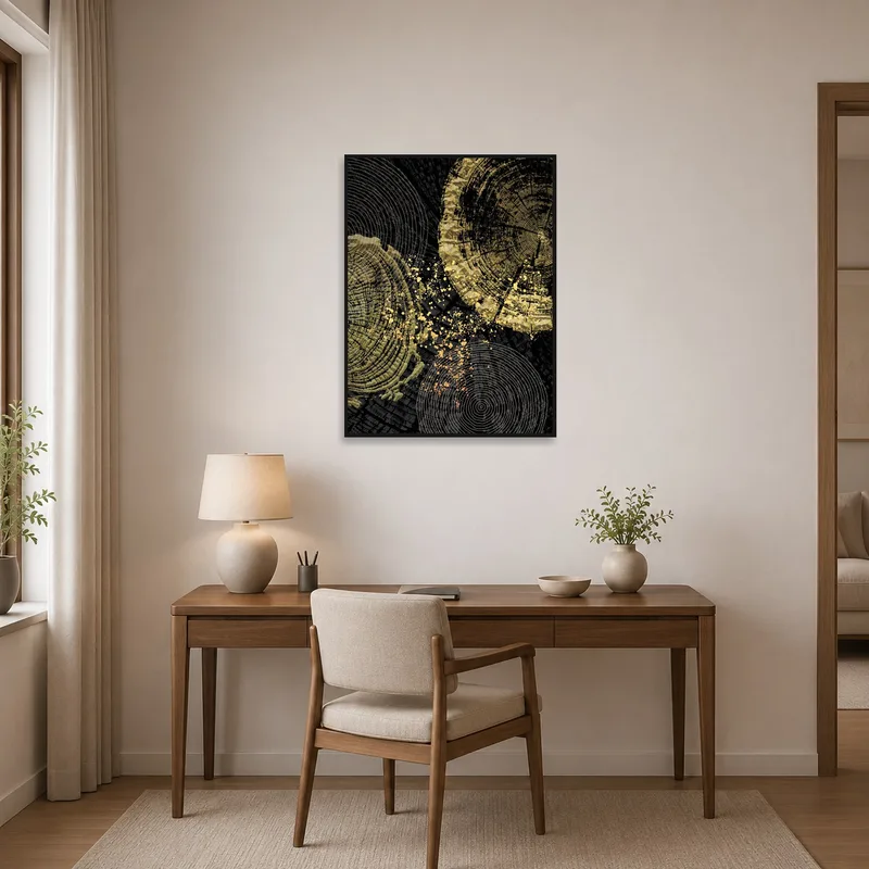 Golden Abstract Tree Rings Art Print inspiring creativity in a home office.