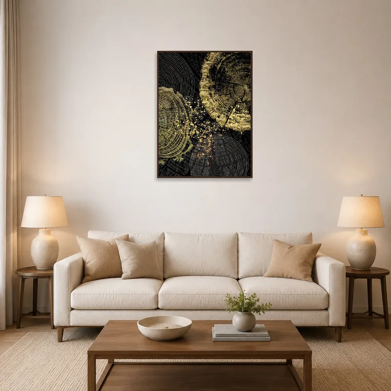 Golden Abstract Tree Rings Art Print displayed above a modern living room sofa.