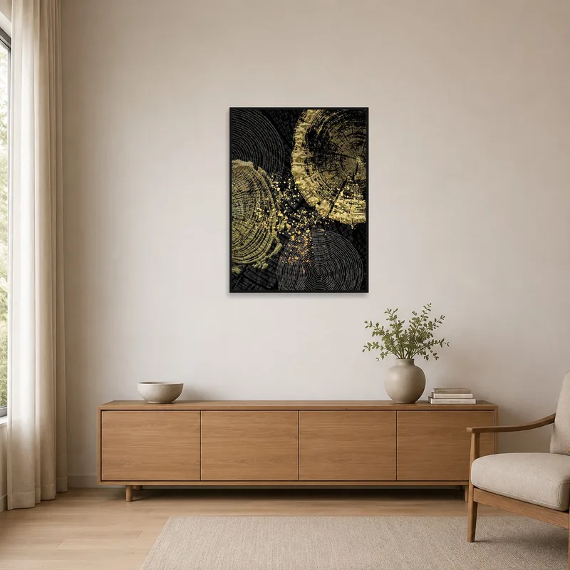 Golden Abstract Tree Rings Art Print enhancing a minimalist room's sleek lines.
