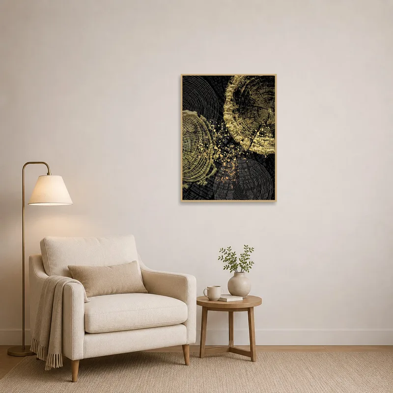 Golden Abstract Tree Rings Art Print adding warmth to a cozy reading corner.