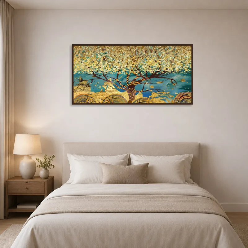 Elegant bedroom highlighted by a golden abstract tree with a captivating blue and teal background.