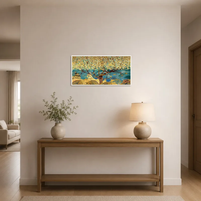 Golden tree artwork with blue and teal tones greeting guests in a chic entrance hall.