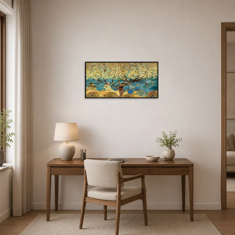 Golden abstract tree on blue and teal backdrop enhancing a modern home office space.