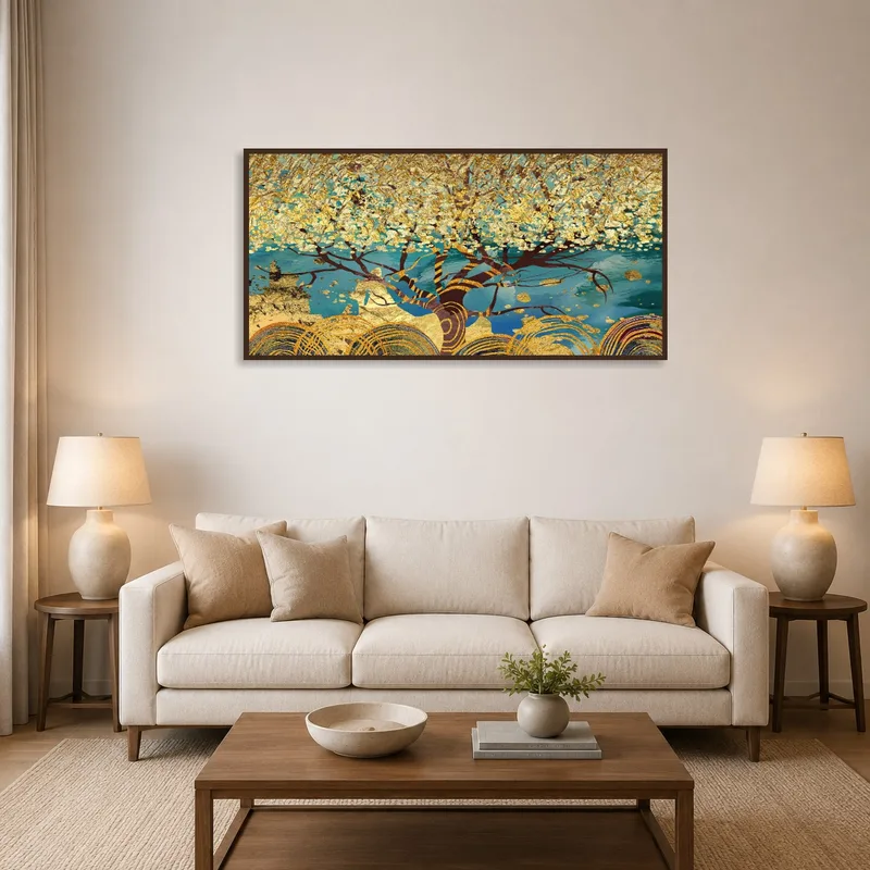 Golden abstract tree art on a blue and teal background adorning a stylish living room wall.