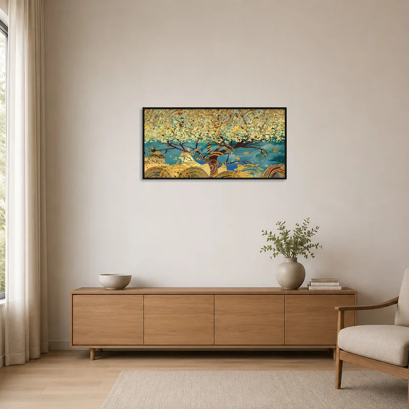 Sophisticated minimalist room showcasing a golden abstract tree against a blue and teal backdrop.