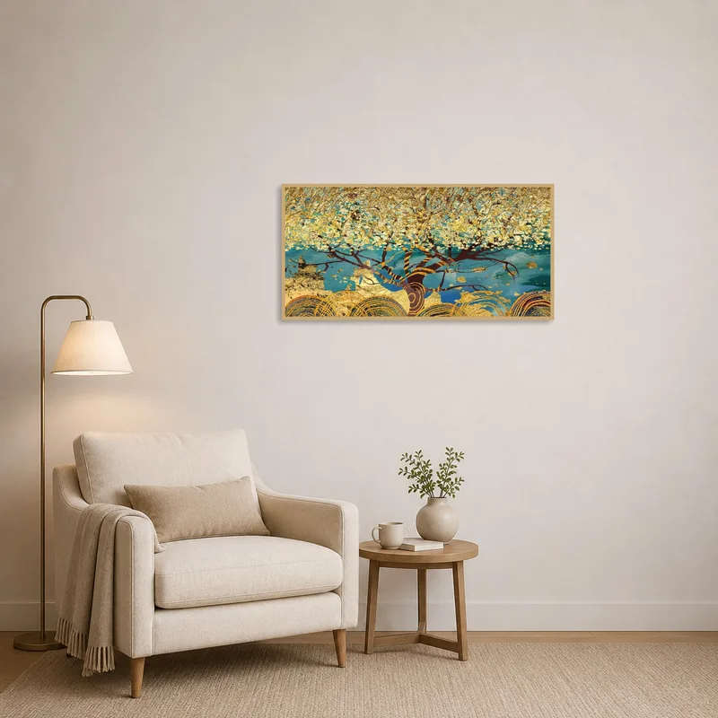 Serene reading corner featuring golden abstract tree design over blue and teal hues.