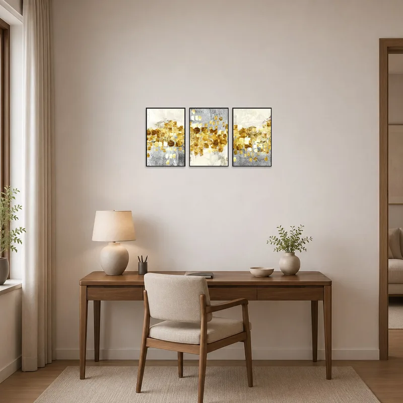 Golden abstract triptych with metallic brushstrokes energizing the home office space.