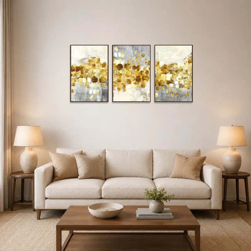 Golden abstract triptych with metallic brushstrokes mounted in a stylish living room.