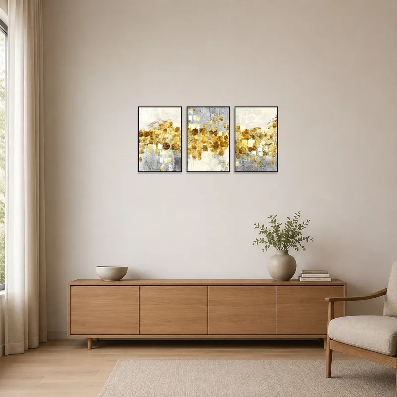 Golden abstract triptych with metallic brushstrokes in a minimalist setting.