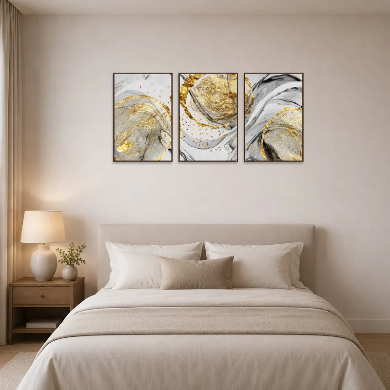 Bedroom ambiance lifted by golden abstract triptych depicting birds.