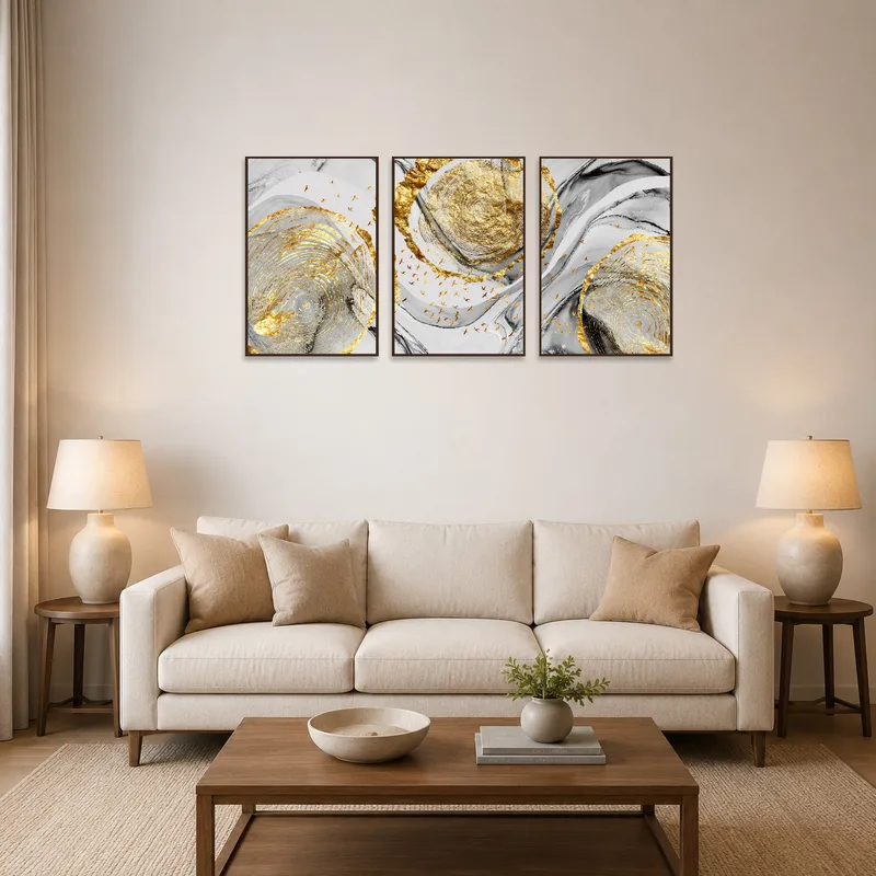 Golden abstract triptych with birds adorns a cozy living room above a sofa.