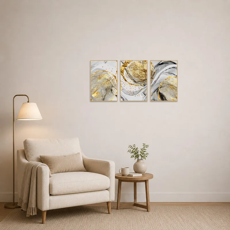A serene reading corner enhanced with golden abstract art of birds in motion.