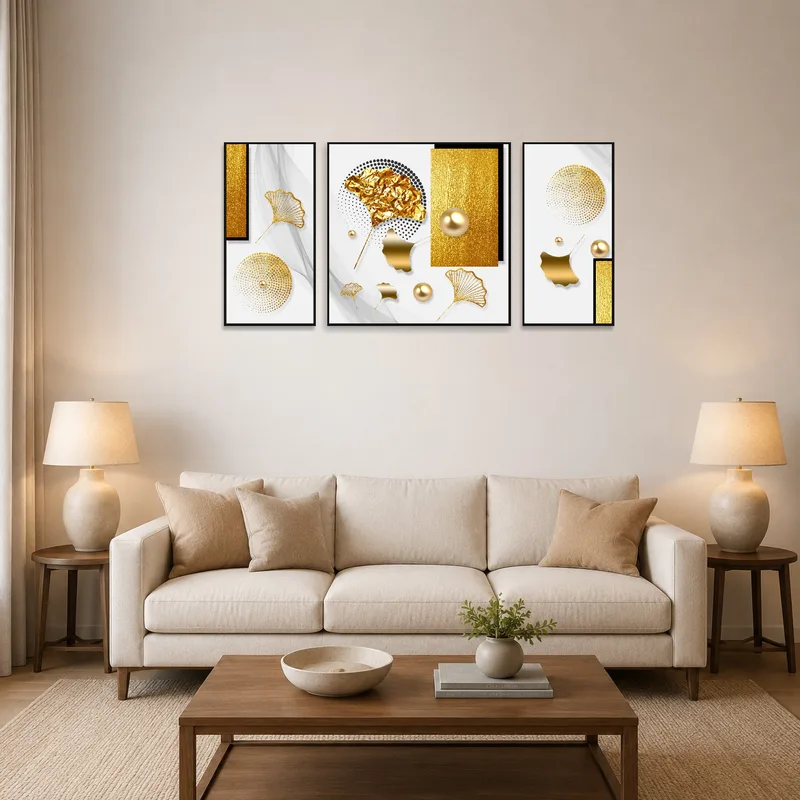 Golden abstract triptych with geometric shapes over a modern living room sofa.