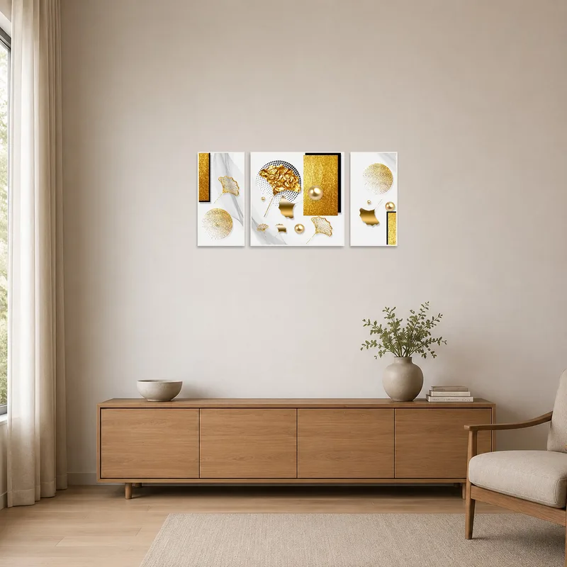 Triptych featuring golden geometric elements in a minimalist space.