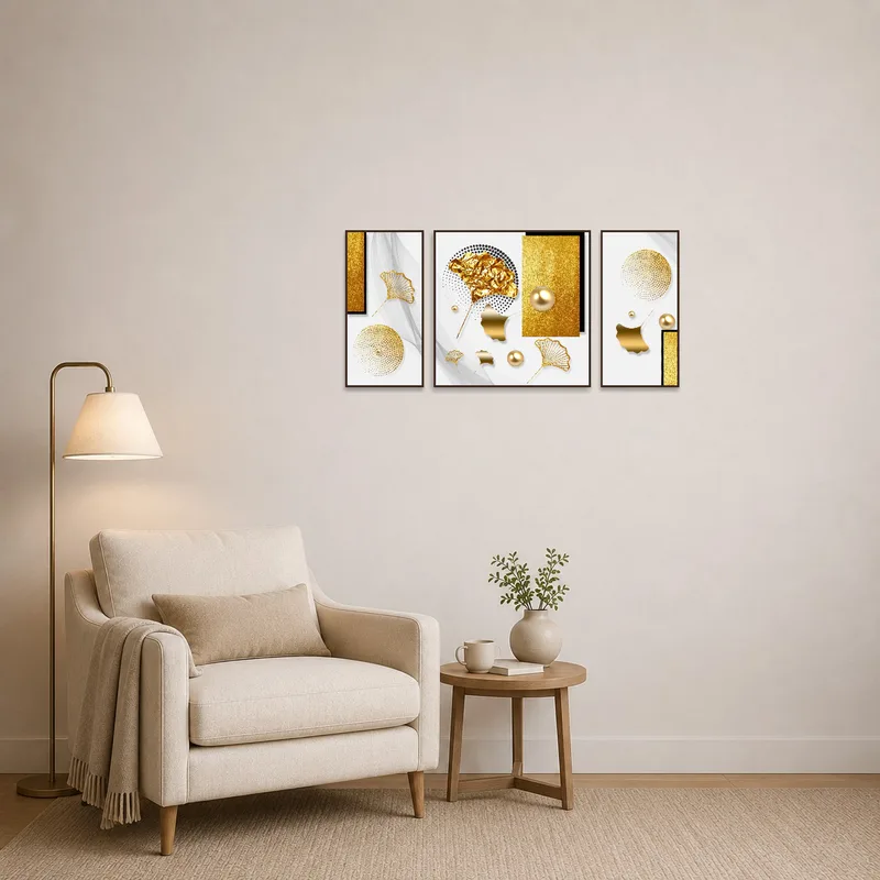 Golden abstract art with geometric forms adding warmth to a reading corner.