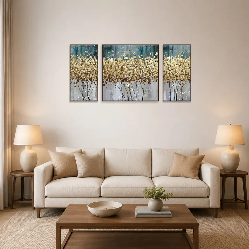 A golden abstract triptych with textured patterns adds elegance to the living room.