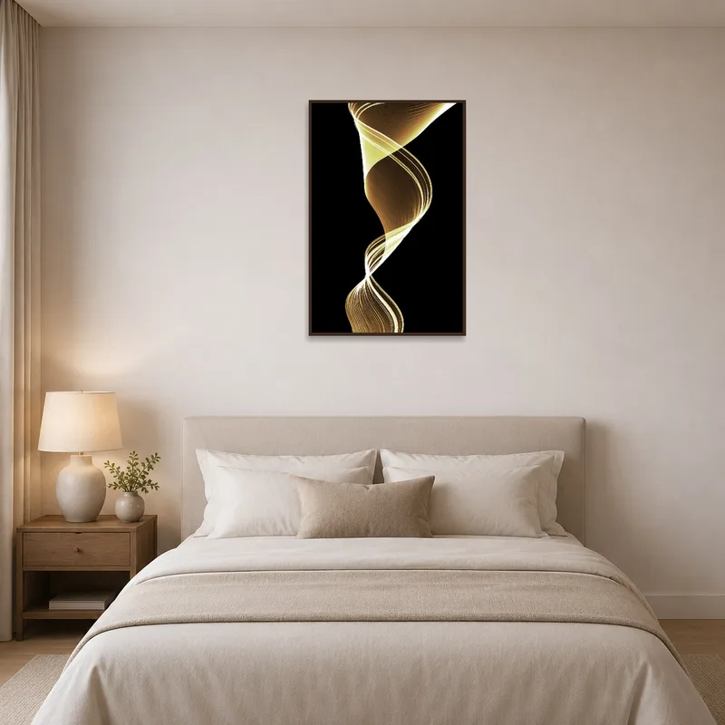 Elegant bedroom wall featuring a black canvas with a mesmerizing golden abstract twirl.