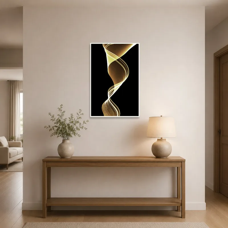Entrance hall adorned with a striking golden abstract twirl on black canvas as a centerpiece.