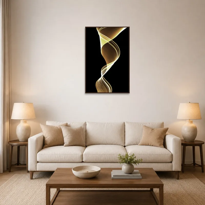 Golden abstract twirl art on black canvas above a modern sofa in a stylish living room.