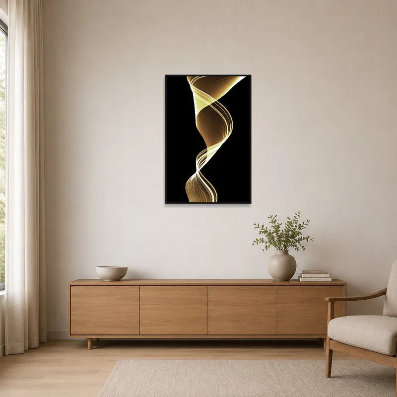 Minimalist space with a black canvas featuring a golden abstract twirl as the focal point.