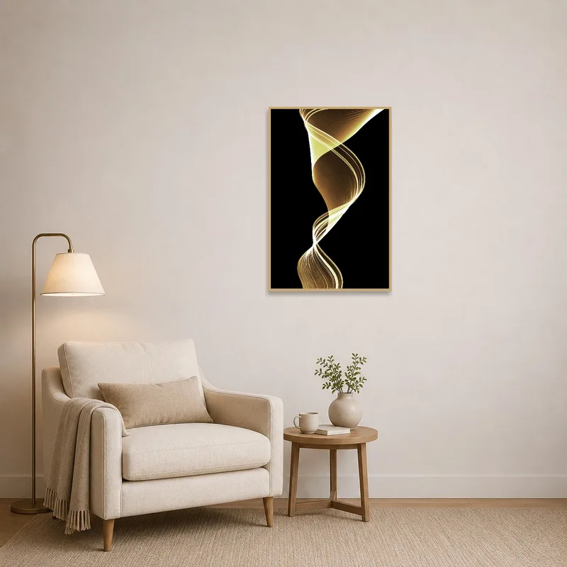 Cozy reading corner complemented by a black canvas depicting a swirling golden abstract design.