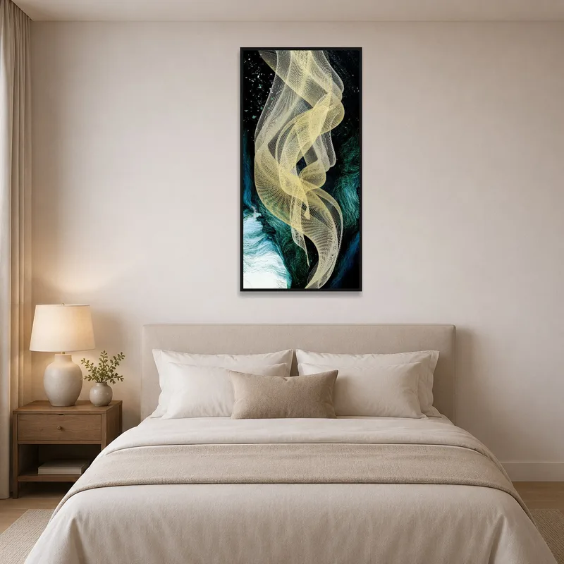Calming bedroom atmosphere enhanced by golden abstract wave art.