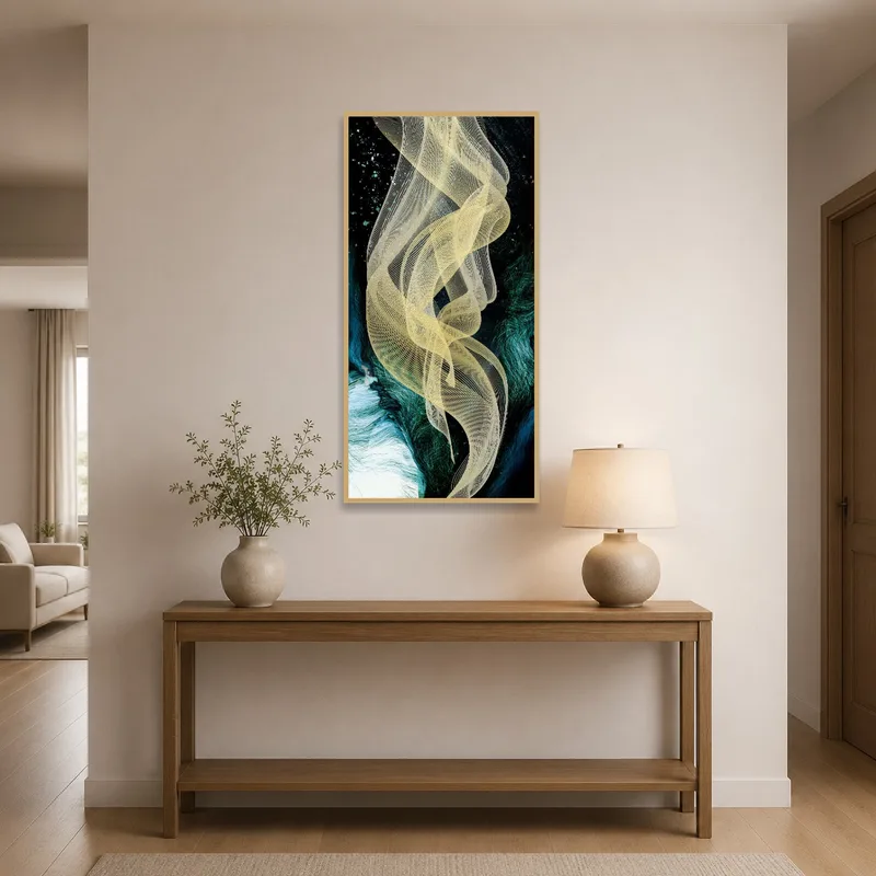 Striking golden wave art on dark canvas welcomes in the entrance hall.