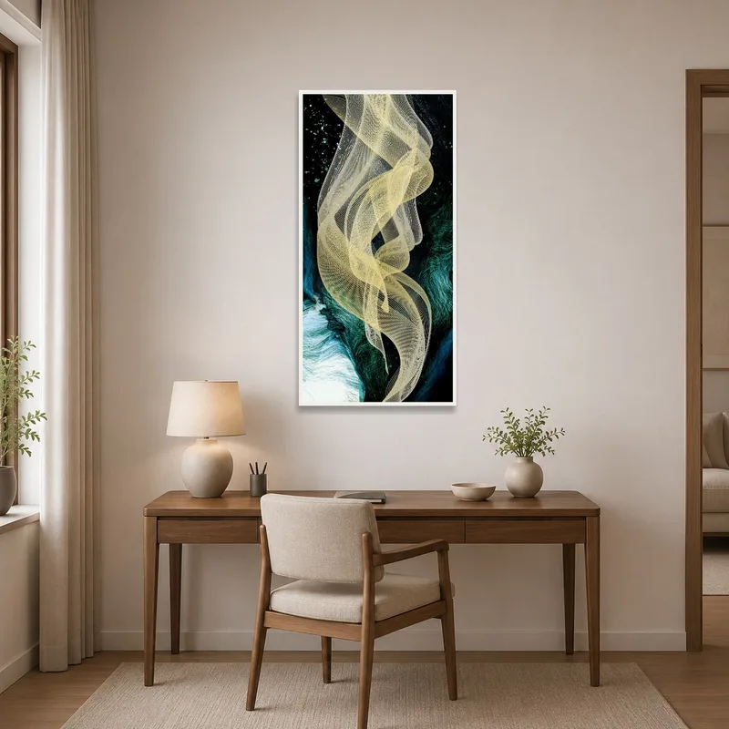 Golden abstract wave on dark canvas adds elegance to a home office.