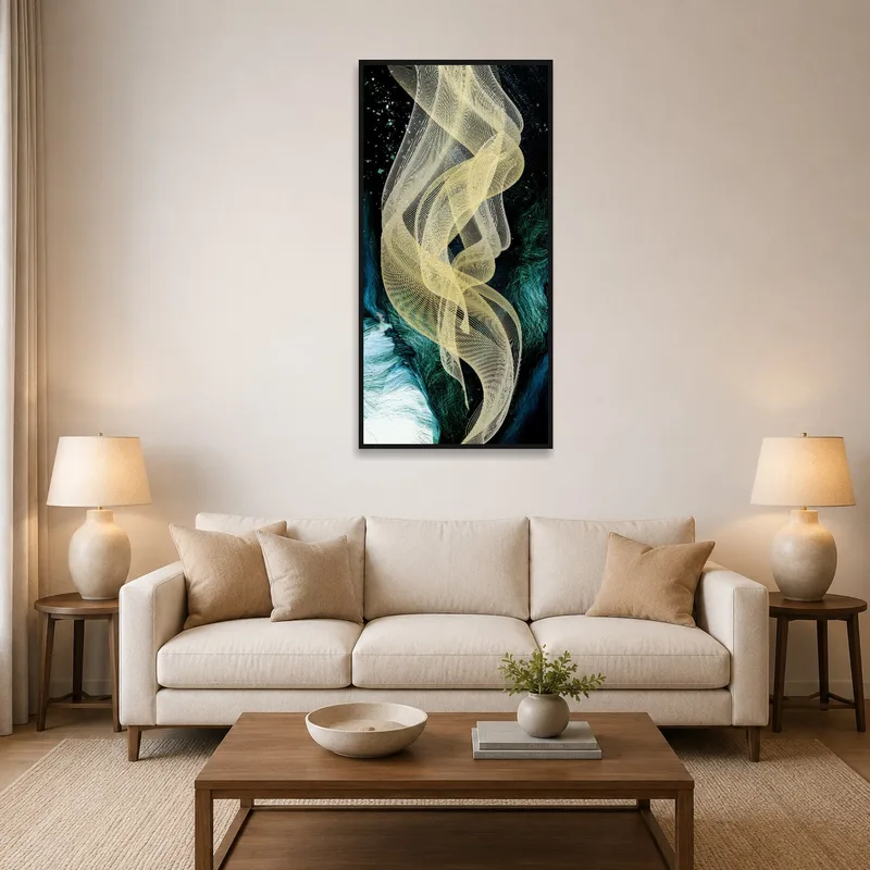 Golden abstract wave art on dark canvas in a sophisticated living room setting.