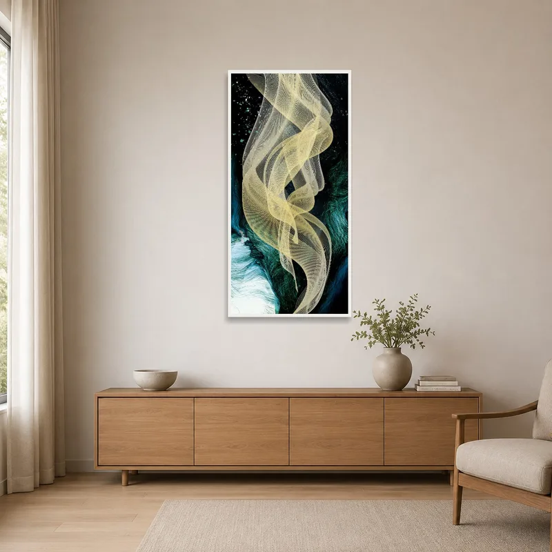Golden abstract wave on dark canvas accentuates minimalist decor.