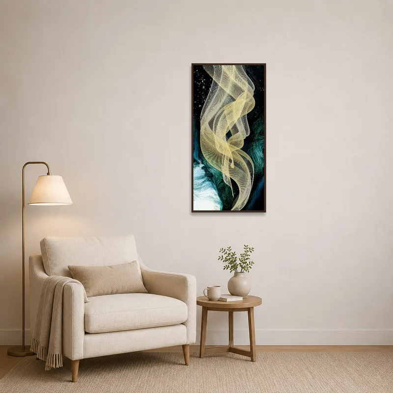 Warm reading corner highlighted by golden abstract wave on dark canvas.