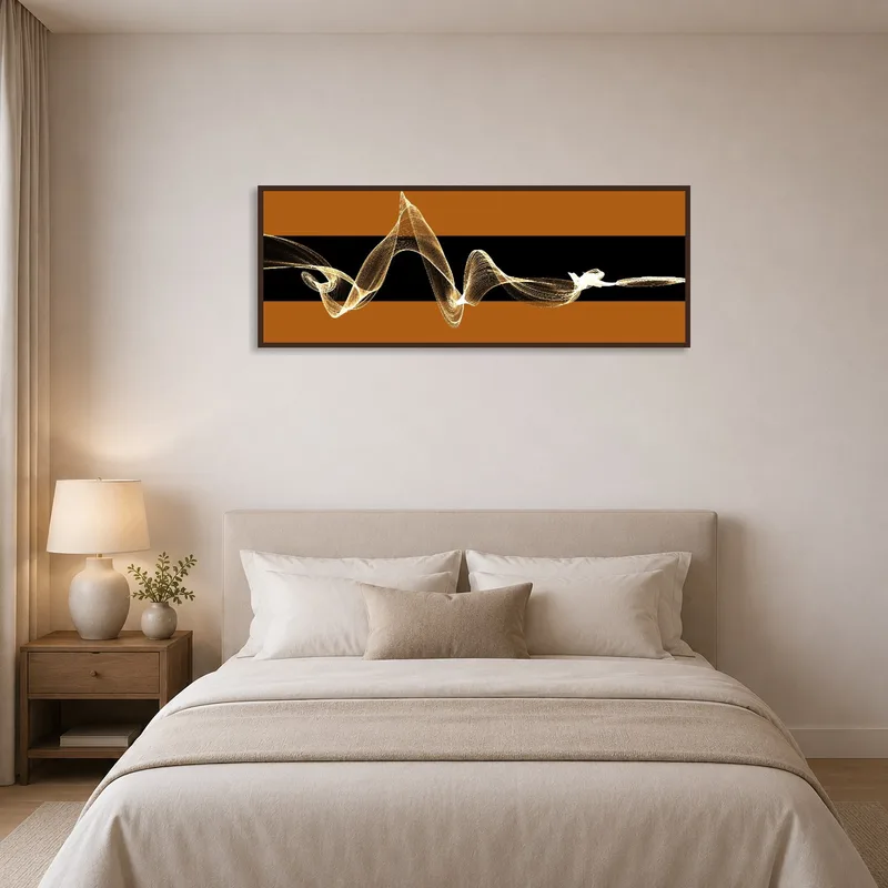 Bedroom decorated with golden abstract waves on a black and brown backdrop.