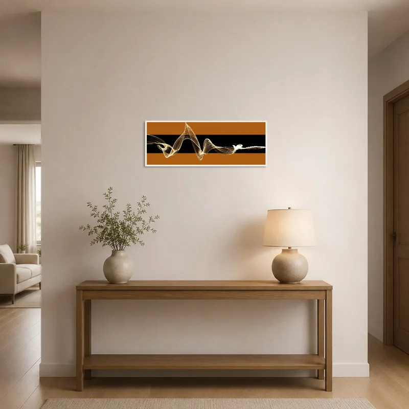 Entrance hall highlighted by golden abstract waves on a black and brown canvas.
