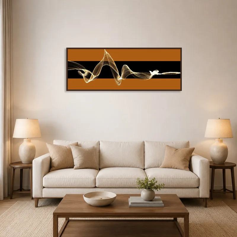 Golden abstract waves art over black and brown tones adorns the living room wall.