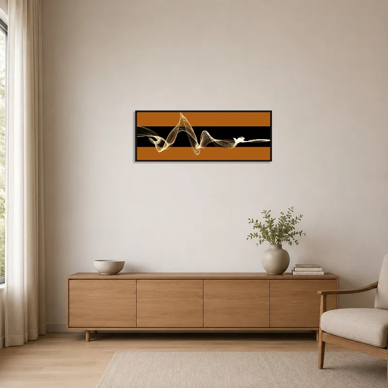 Minimalist room featuring a black and brown abstract waves art piece.