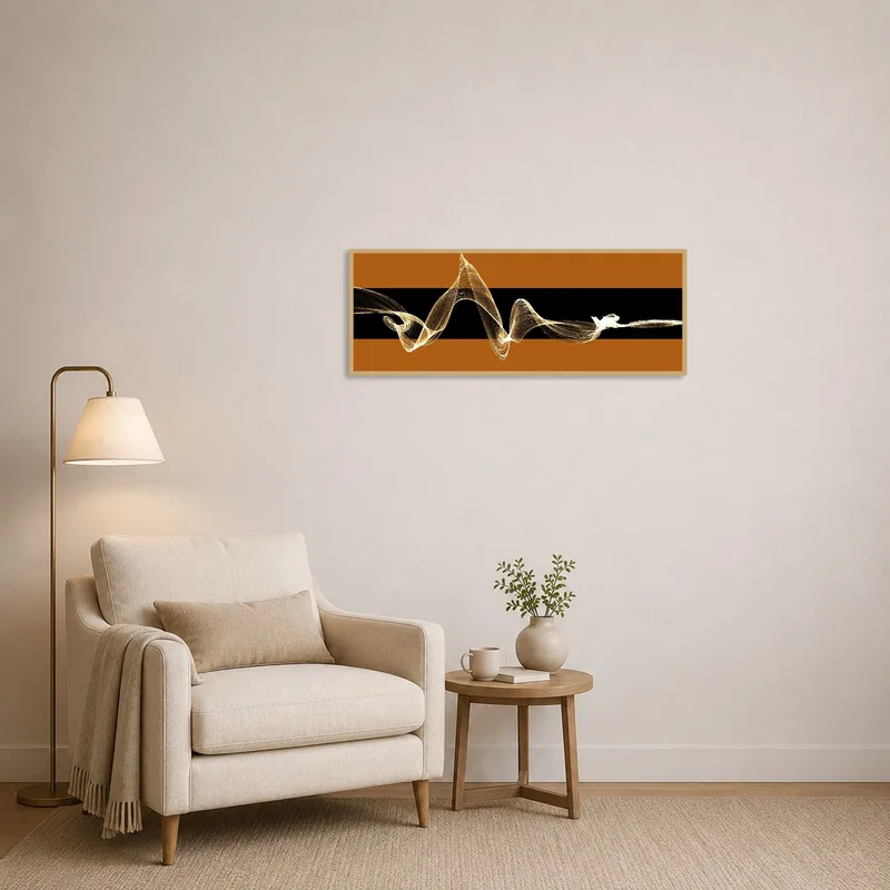 Reading corner enhanced by golden and brown abstract waves on the wall.