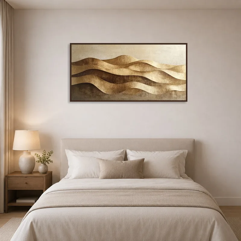 Golden wave art contributing warmth and style to a serene bedroom.