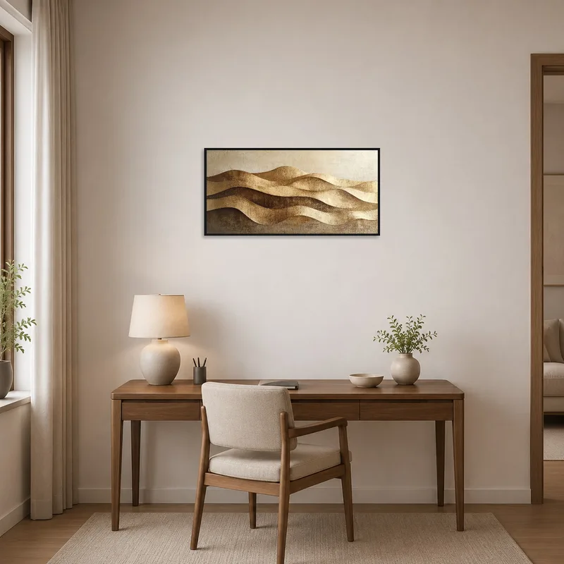 Abstract golden art provides inspiration in a contemporary home office.