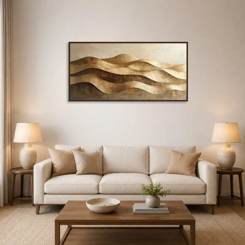 Golden abstract waves art above a modern sofa in the living room.