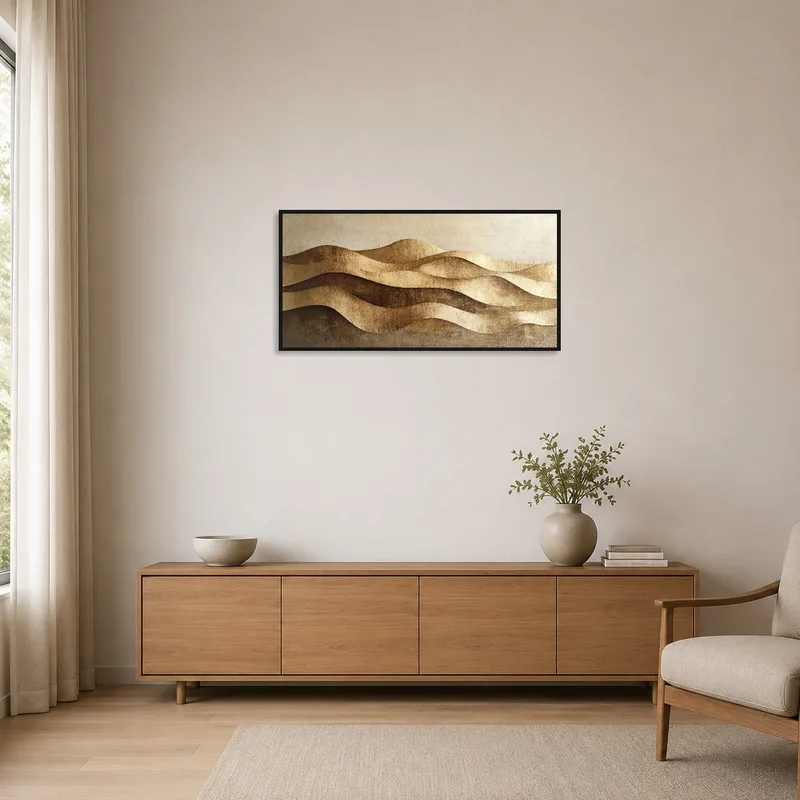 Panoramic golden wave art in a minimalist space with few furnishings.