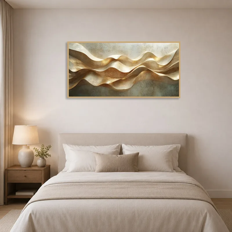 Sleek golden wave art print above the bed in a calm bedroom setting with warm lighting.