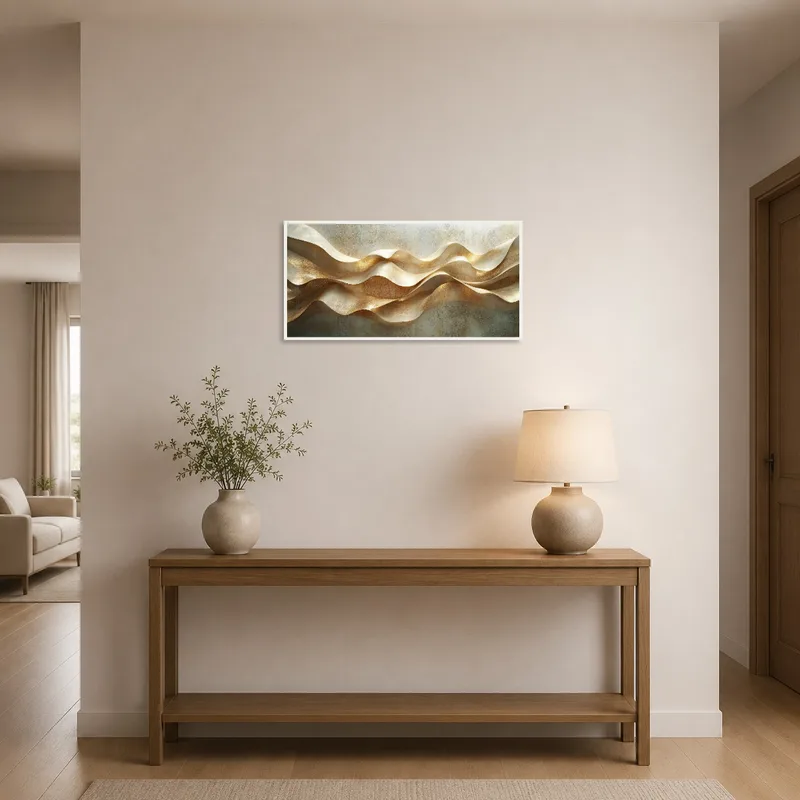Artistic golden wave print hangs in the entrance hall, setting a sophisticated tone for the home.