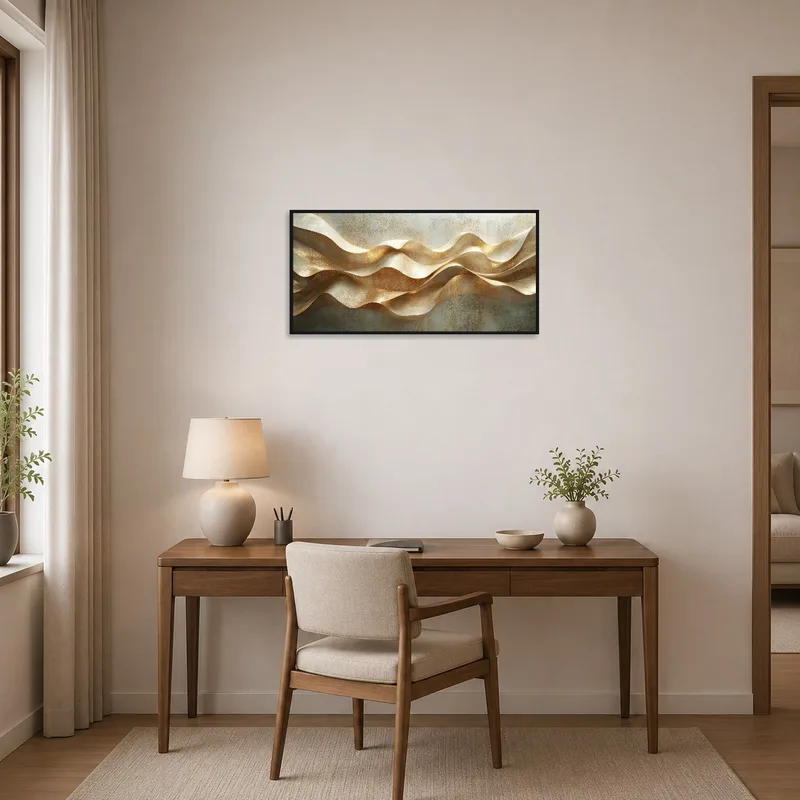 Golden abstract waves print on the wall of a stylish home office with modern furnishings.